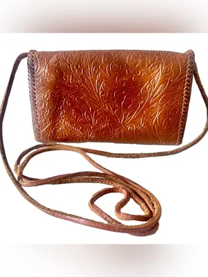 Hand-Tooled Leather Crossbody Purse Hand Made Floral Embossed Stitched Cognac thumbnail 2