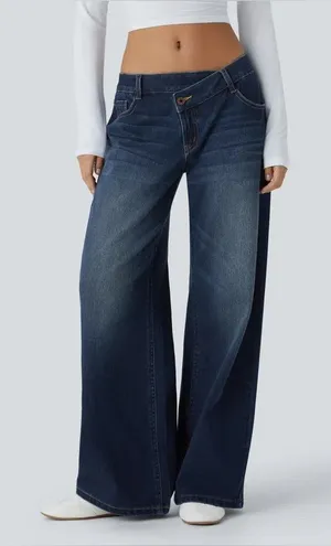 Halara Flex Asymmetric Low Rise Zipper Pockets Baggy Wide Leg Washed Casual Jea thumbnail 1