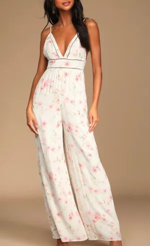New With Tags Lulu’s Darling Blooms Ivory Floral Print Wide-Leg Jumpsuit XS thumbnail 1