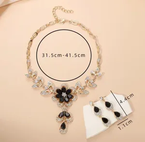 Black Crystal Flower Women Earring Necklace Jewelry Sets Luxury Gold Color thumbnail 4