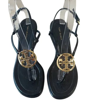 Tory Burch Metal Miller‎ Ankle Strap Sandals Black Gold Medallion 7 thumbnail 1