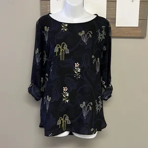 LOFT Black and Navy CrewNeck Floral Long Sleeve Blouse with Side Slits- Medium thumbnail 7