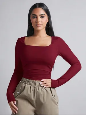 Gaze Women’s Sz XS Square Neck Long Sleeve Blouse Burgundy Cropped Sheen Stretch thumbnail 1