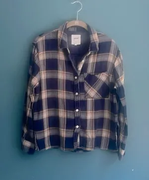 Aerie navy blue‎ and tan plaid button down shirt woman’s XS thumbnail 1