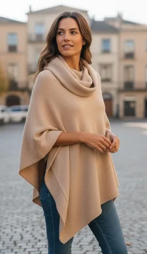 Tan Cowl Neck Poncho Merino Wool Blend‎ One Size Asymmetrical Boho thumbnail 1