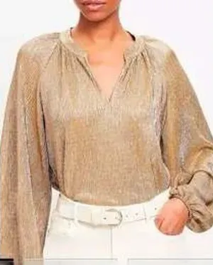 Loft Blouse Size S Gold‎ Pleated Metallic V-Neck Balloon Sleeve Shimmer NYE thumbnail 1