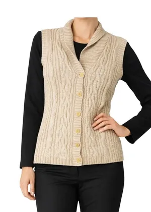 Woolrich Sweater Vest Womens Size L Tan Cable Knit Ramie Cotton Button Up Vintag thumbnail 1