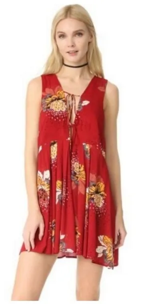 Free‎ People Lovely Day Floral Printed Red Boho Tunic Mini Dress Medium Flowy thumbnail 1
