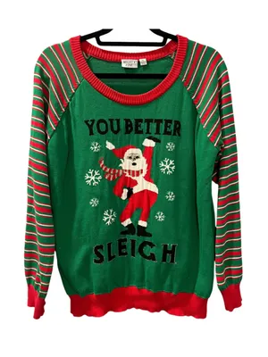 Mighty Fine You Better Sleigh Ugly Christmas Sweater Sassy Santa Green Stripe M thumbnail 1