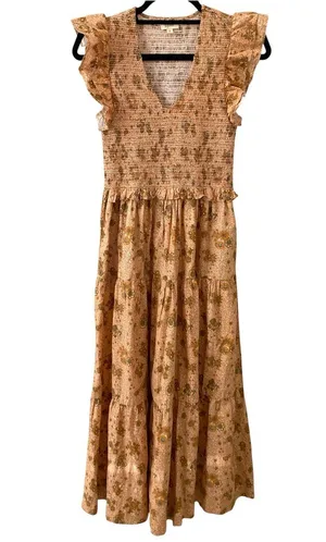 Elan Smocked Ruffle Maxi Dress cottagecore hippie Tan Floral thumbnail 1