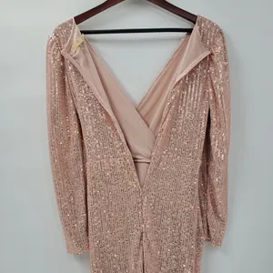 Sublime Sequined Gown S Pink Faux Wrap Long Puff Sleeve Tigh Slit Party Wedding thumbnail 7