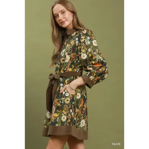 Umgee Floral Print Belted Puff Sleeve Mini Dress - Olive - Small thumbnail 2