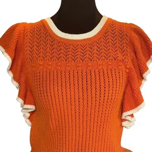 Orange Pointelle Knit Ruffle Sleeve Top White Trim Scalloped Hem Cottagecore‎ thumbnail 3
