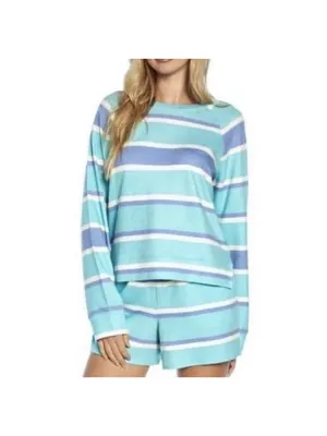 Wildfox 2-Piece Lounge Set - Striped Blue Aqua White Sweatshirt & Shorts Medium thumbnail 3