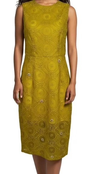 DRESSINGPAULA‎ Lemon Yellow Lace Sheath Embellished Flower Design NWT XS thumbnail 1