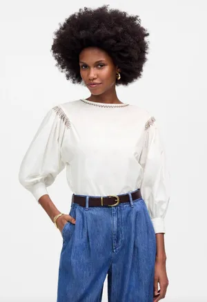 Madewell Embroidered Poplin Balloon Sleeve Top Blouse Cotton White Medium NWT thumbnail 1