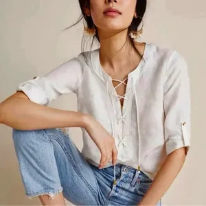 Maeve Anthropologie Linen Too Lace Up Cream Coastal Minimalist Preppy Nautical thumbnail 1