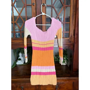 Peppermayo Sunset Striped Ribbed Knit Off Shoulder Mini Dress Pink Orange S/M thumbnail 2
