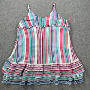 Umgee Striped Tunic Tank Top Size Large Ruffle V-Neck Pink Blue Spaghetti Strap thumbnail 1
