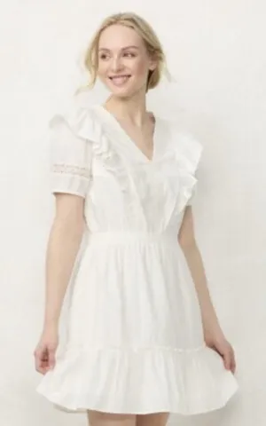 Lauren Conrad‎ Cream Ruffle Mini Dress Cottagecore Romantic V Neck Sz M thumbnail 1