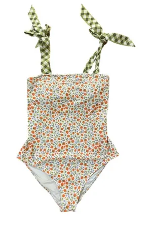 Aerie Real Good Strawberry Floral Bandeau Swimsuit Gingham Tie Women's M thumbnail 1