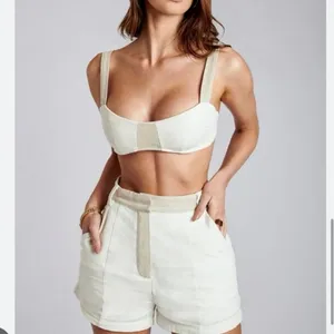 Meshki Yalda Cream Tan Linen Sleeveless Colorblock Bustier Crop Tank Top Size S thumbnail 2