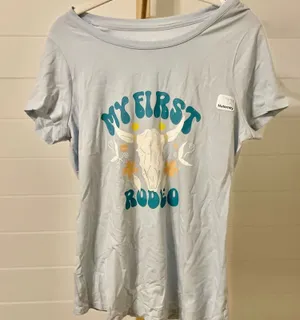 Maternity T Shirt My First Rodeo Bull Skull‎ Graphic Blue Short Sleeve Top M thumbnail 1