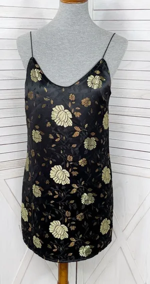 Forever‎ 21 Floral Satin Jacquard Mini Slip Dress Black Gold Medium thumbnail 1