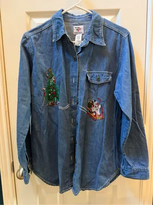Vintage early 90s Holiday Embroidered Denim Button-Down Shirt thumbnail 1