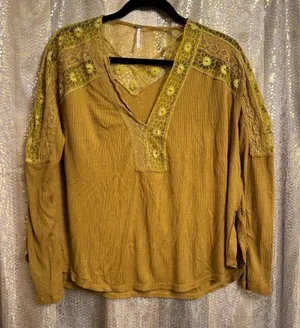 Free People Lola Mustard Golden Yellow Mesh Sheer Long Sleeve Top XS thumbnail 1