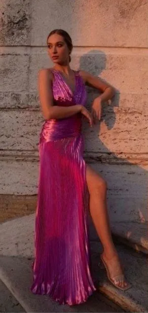 NWT AiiFOS Vera Pleated Metallic Gown 8 Pink Magenta Plisse Ruched Slit Formal thumbnail 1
