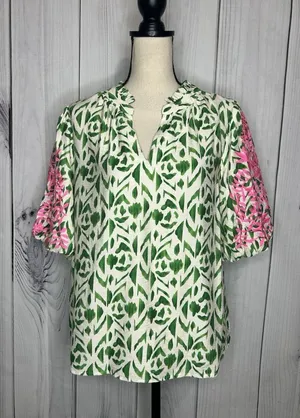 VOY Green White Abstract Print Top Pink Floral Embroidered Puff Sleeves Sz L thumbnail 1