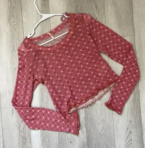 Free People Top geometric print mesh crop long sleeve womens Red small layering thumbnail 1