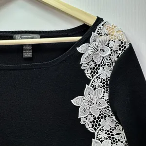 INC International Concepts Black Floral Lace Crochet Long Sleeve Sweater Large thumbnail 2