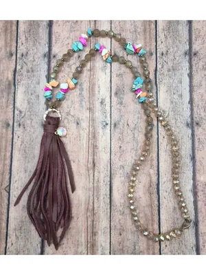 Handmade Bohemian Style Beaded Necklace Colorful Stone & Brown Leather Tassel Pendant 32" thumbnail 10