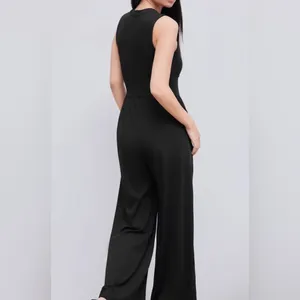 CIDER Solid Wide Leg Corset Rib Jumpsuit Black Minimalist Chic Vibe Size Large thumbnail 4