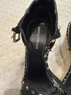Marc Fisher Black Studded Leather Espadrille Wedge Sandals Size 9M thumbnail 2