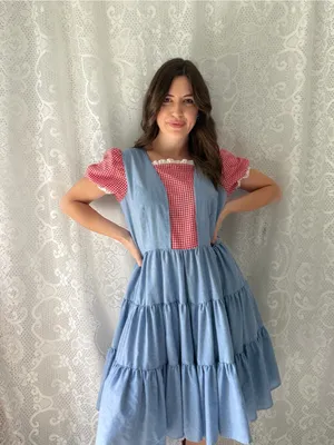 Vintage Handmade Blue Red Gingham Prairie Dress Cottagecore Puff Sleeve thumbnail 5