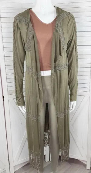 BKE Buckle Gimmicks Western Boho Lace Trim‎ Cardigan Duster Olive Green Small thumbnail 1