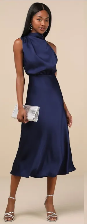 LULU’S Distinctive Charm Navy Satin Asymmetrical Midi Dress thumbnail 1