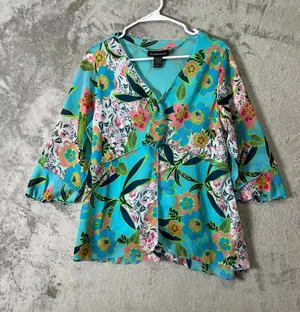 Elegancia Aqua Floral Blouse Vintage Inspired Y2K Art Girl‎ Resort Vibes Large thumbnail 1