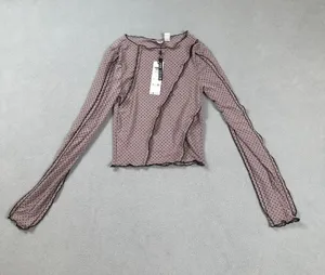 NWT Noisy May Vikki Flock Dot Mesh Long Sleeve Sheer Crop Top Purple Dove S thumbnail 1