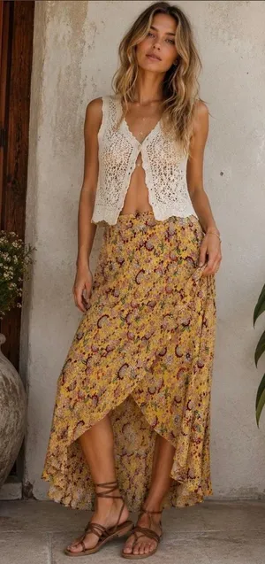 Sanctuary Yellow Floral Paisley High-Low Wrap Ruffle Skirt thumbnail 1