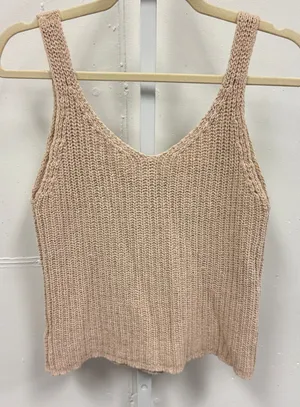Cashmeren Women's Beige Knit Tank Top V-Neck Sleeveless Ribbed Minimalist Summer thumbnail 1
