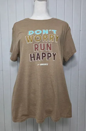 Brooks Distance Graphic Short Sleeve Shirt Heather‎ Oatmeal Run Happy. Size L thumbnail 1
