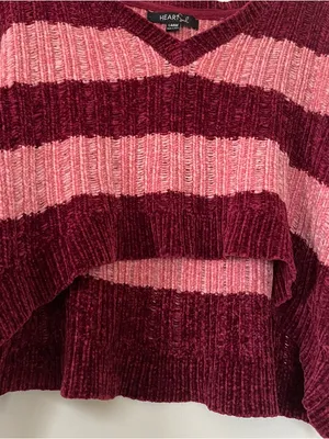 Heart soul Pink Red Striped Cropped Knit Sweater Large Cozy Soft thumbnail 3