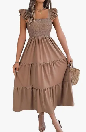 Amazon Women’s Solid Color Square Neck Sleeveless Summer Midi Tiered Dress – Beige, Size Small thumbnail 1