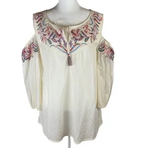 Ruff Hewn Boho Cream Floral Embroidered Cold Shoulder Peasant Shirt Western thumbnail 6