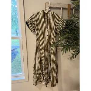 Banana Republic $180 Striped Poplin Shirt Dress V-Neck Pockets Olive/White 4 thumbnail 3