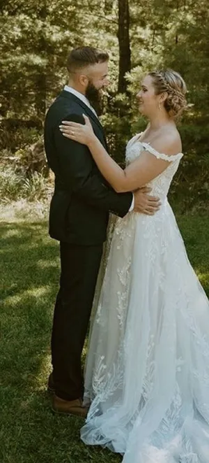 Lilian West Bohemian Off-The-Shoulder A-Line Wedding Gown with Lace Size 14 thumbnail 1